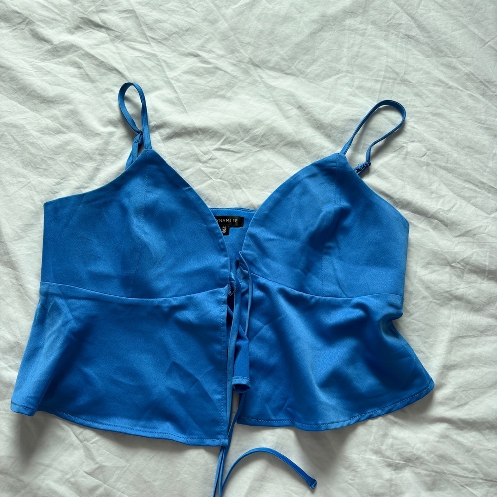 Dynamite Vibrant Blue Camisole satin silk tie front tank top going out nwot - Picture 2 of 5